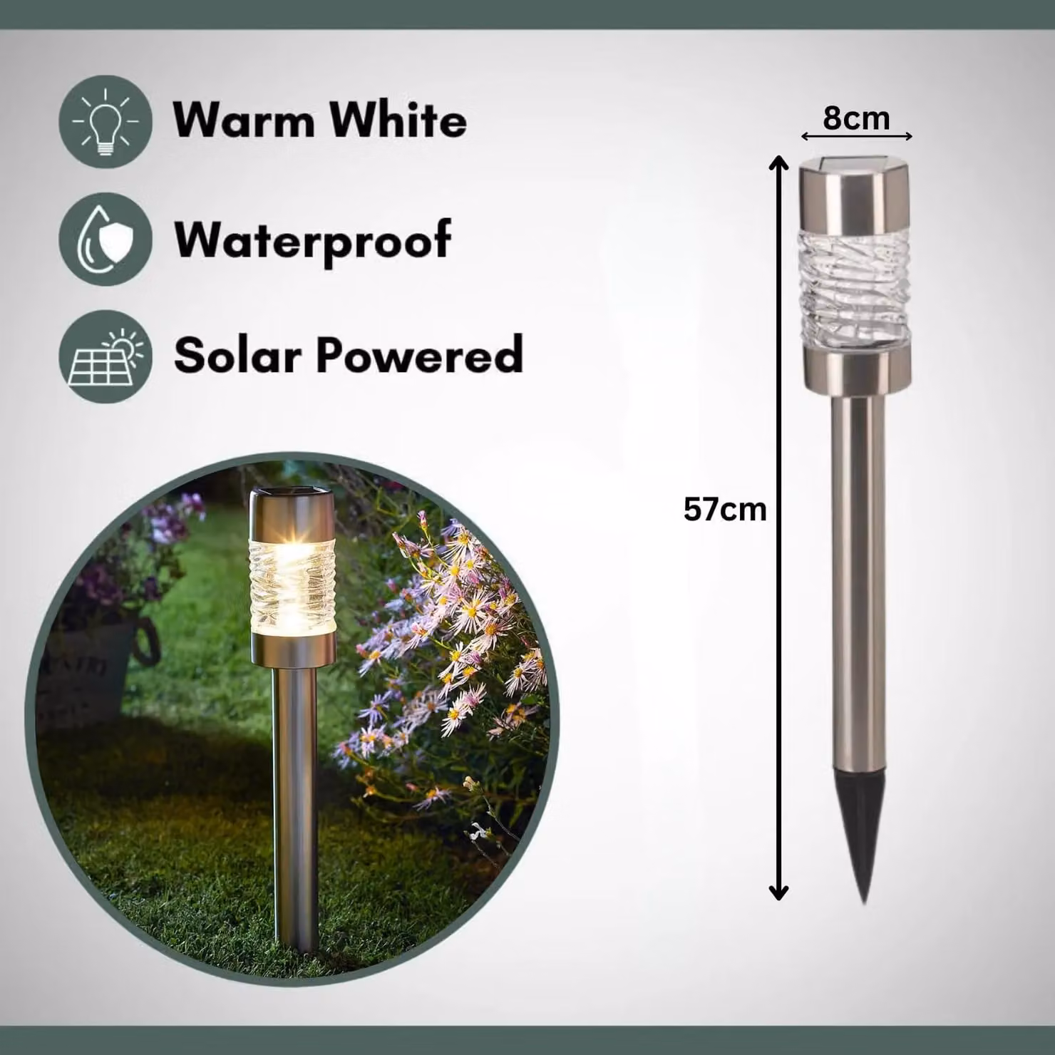 Marco Paul 6 Pack of Silver Stainless Steel Solar Powered LED Stake Lights with Glass Crystal, Height: 57 cm – 2