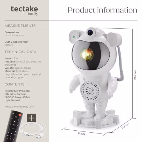 tectake Astronaut Galaxy Projector in White with 4 LED Nebulae Colours, Moon and Star Effects, Bluetooth Connection and Pre-Set Sounds, W/D/H: 23.5 x 12.0 x 11.5 cm – 6