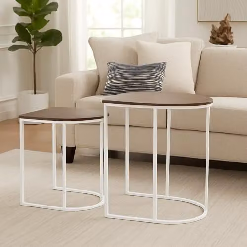Gr8 Home Nest of 2 Modern Round Coffee Side Tables, White Metal and Woodgrain Effect MDF, W/D/H: 55.0 x 36.0 x 45.5 cm and 36.0 x 36.0 x 36.0 cm – 1