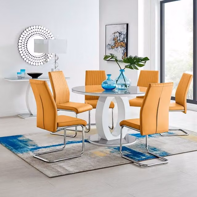 FurnitureboxUK Giovani Round Grey Glass Dining Table and 6 Lorenzo Mustard Chairs Set, Diameter: 120 cm