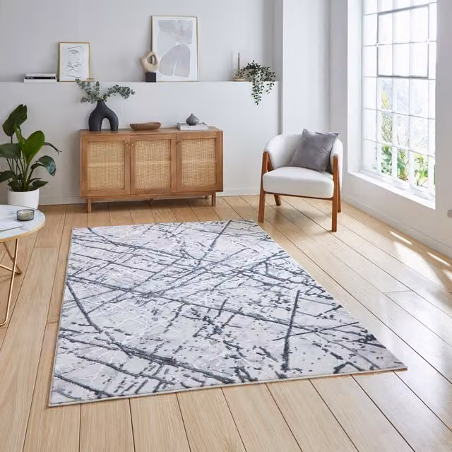 Terrys Abstract Silver and Grey Rectangular Rug with Metallic Effect Yarn