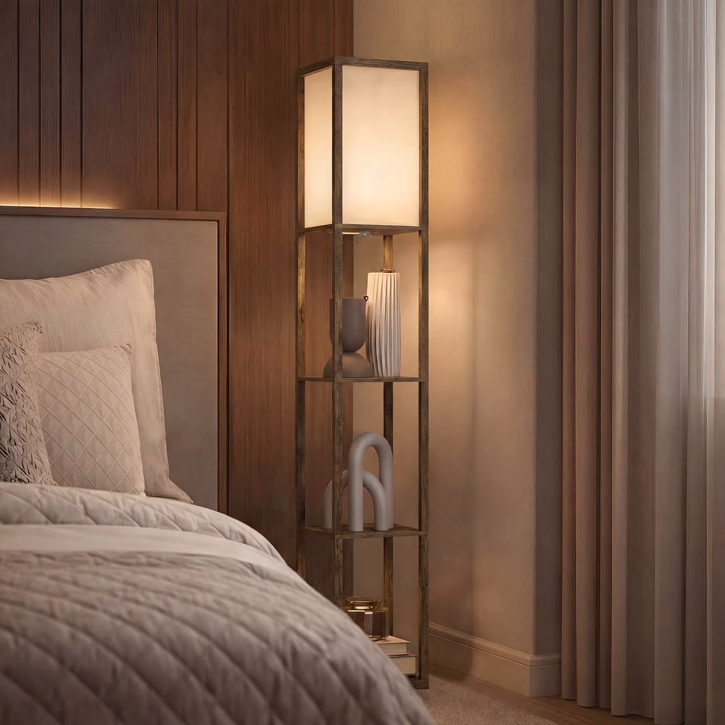 HOMCOM Modern Floor Lamp with Storage Shelves in Brown – 9