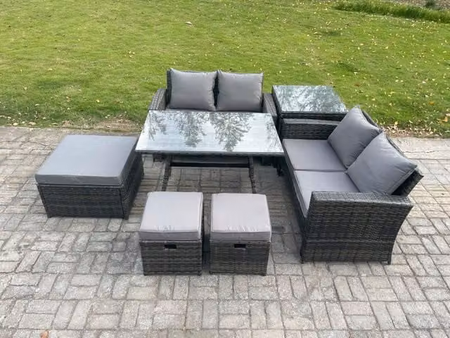 Fimous 7 Seater Grey PE Rattan Garden Dining Set with Rectangular Table, Double Sofa, 3 Footstools and Side Table