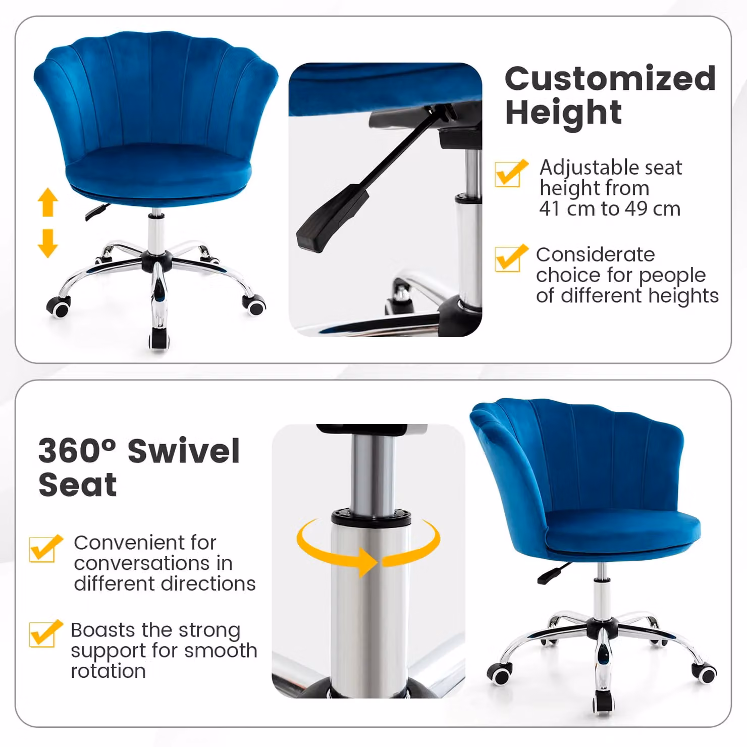 Gymax Adjustable Blue Velvet Upholstered Vanity Chair with Armrests and Castors – 5