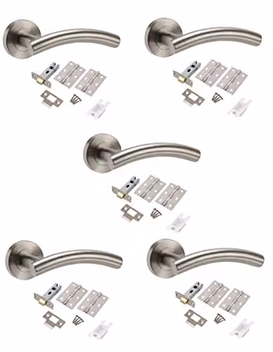 Golden Grace Arched T-Bar Door Handle Sets in Gold and Silver Stainless Steel with Latches, Hinges and Screws