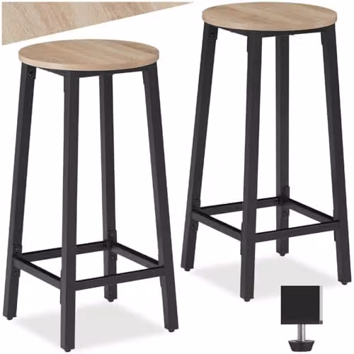 tectake Corby Set of 2 Industrial Bar Stools with Oak Wood Seats and Black Metal Frames – 1
