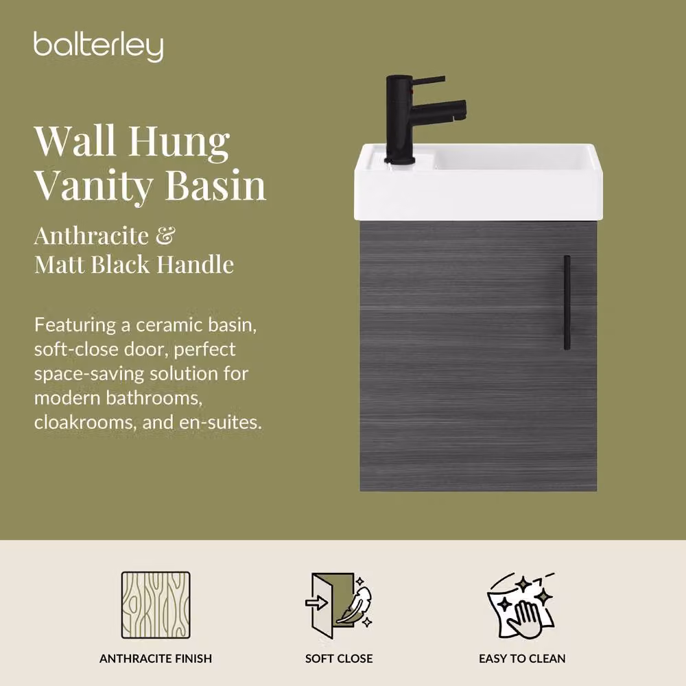 Balterley Wall Mounted Vanity Basin in Grey with Anthracite and Matt Black Handle, Width: 40 cm – 2