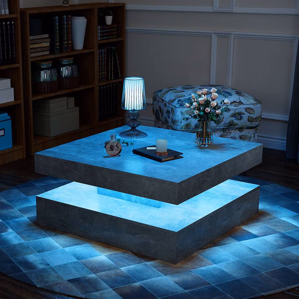 KEEPREAPER Modern Grey Square Coffee Table with Storage and LED Light, W/D/H: 78 x 78 x 40 cm – 3