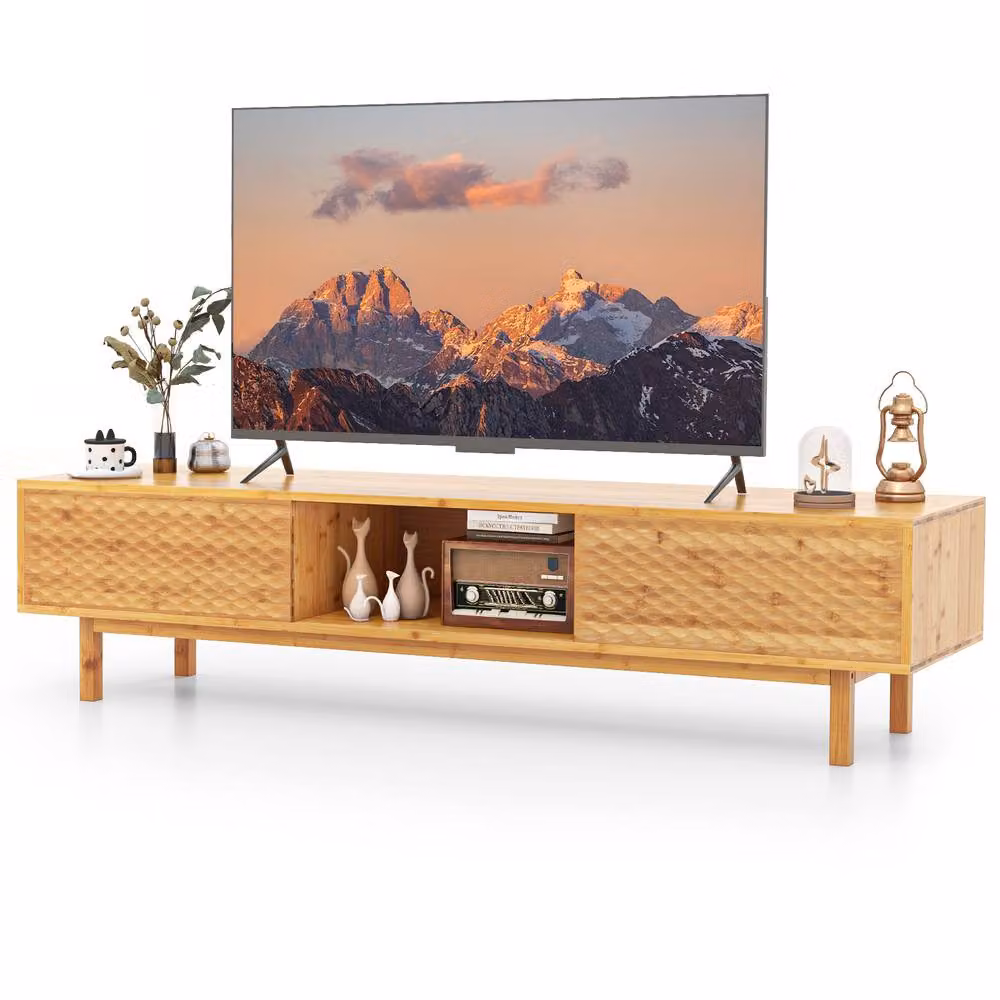 Costway Mid Century Bamboo TV Stand with Storage Cabinet in Natural Brown for TVs up to 70 inch – 2