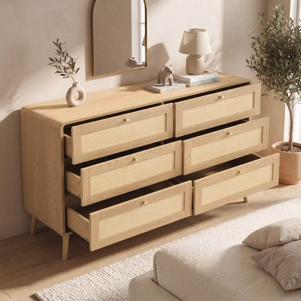 Matteo Natural Oak 6-Drawer Chest of Drawers with Rattan-Effect Finish in Brown and Beige – 2