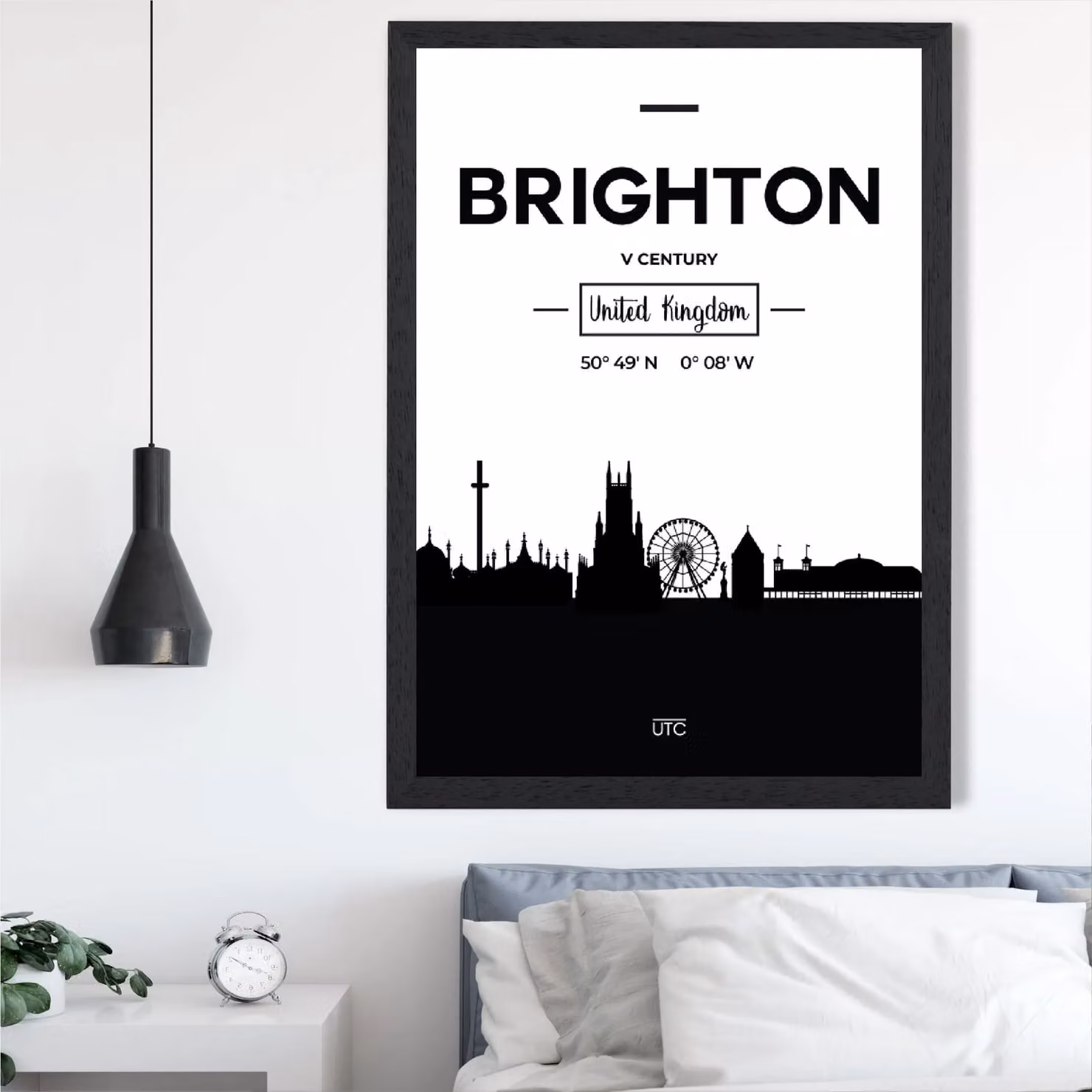 ARTZE Brighton Black and White City Skyline Framed Print in Black Frame, Size: A2 – 2