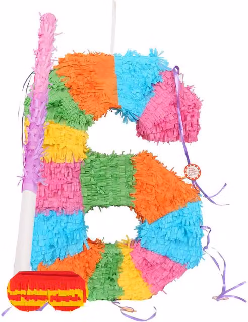 Fax Potato Number 6 Pop-Out Piñata Set with Stick and Blindfold in Pink, Purple and Multicolour