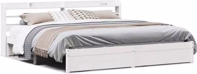 Berkfield Home Super King Bed Frame with Headboard and Side Compartments in White Rustic Pine, W/D/H: 180 x 200 cm