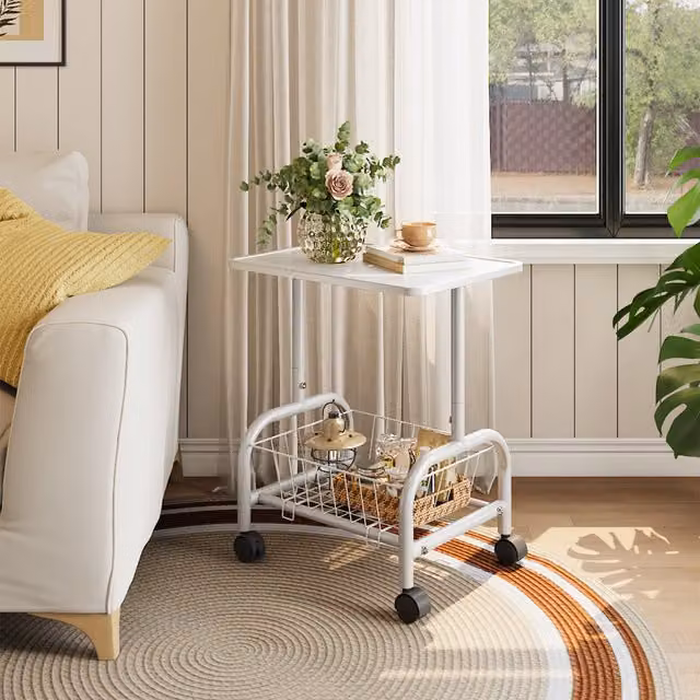 Livingandhome Mobile Side Table with Lower Basket in White