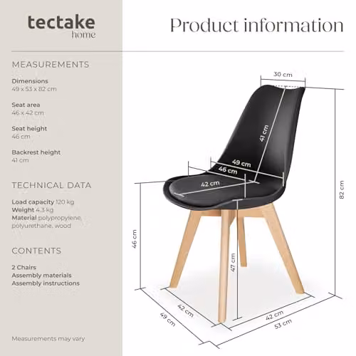 tectake Set of 2 Scandinavian Design Dining Chairs with Wood Legs in Black – 2