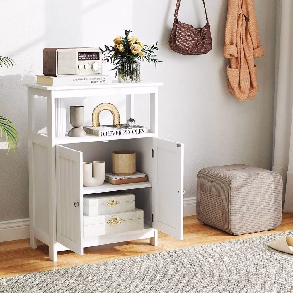 VOGREX White Modern Freestanding Storage Organizer with Hinged Doors and Open Shelf, W/D/H: 80.0 x 60.0 x 1.0 cm – 2