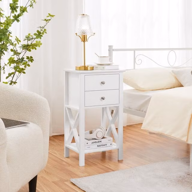 Yaheetech Tall Bedside Table with 2 Drawers and Shelf in White