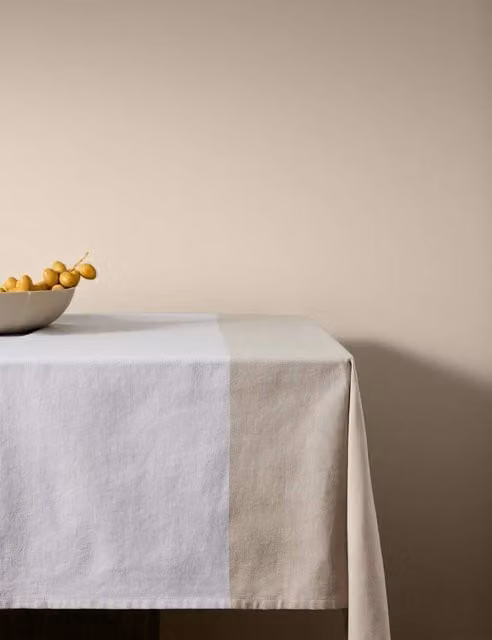 M&S x Kelly Hoppen White Woven Banded Cotton and Linen Striped Tablecloth
