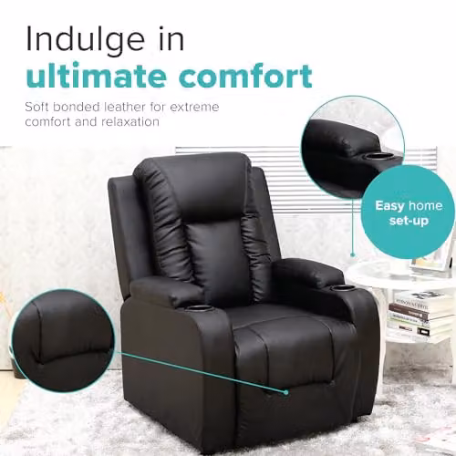 More4Homes Oscar Pushback Recliner Armchair in Black Bonded Leather with Cup Holders – 8