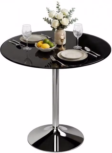 Havendro Round Bar Table with Black Glossy Tempered Glass Top, H 80 cm x W 77 cm