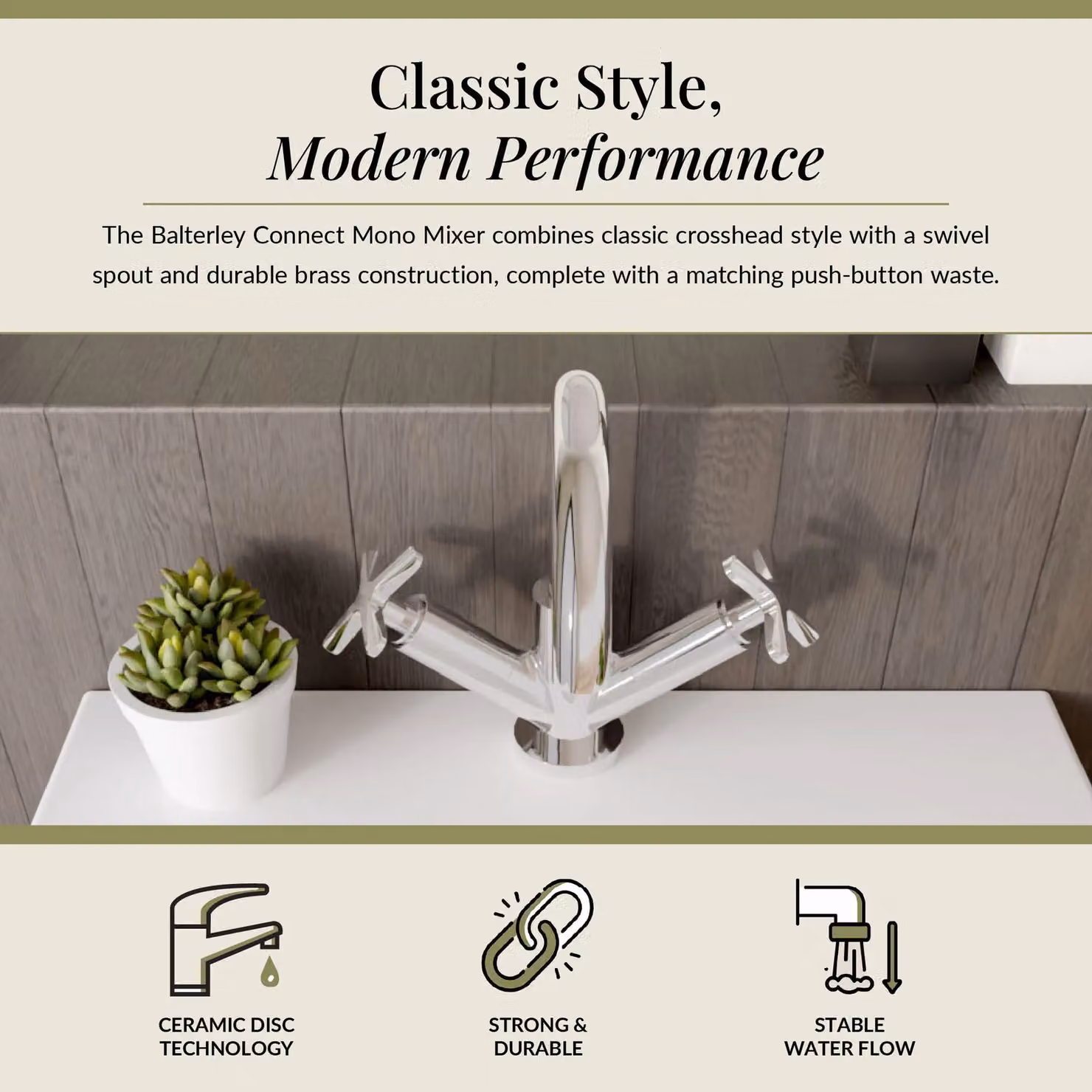 Balterley Connect Mono Basin Mixer Tap with Two Crosshead Handles and Swivel Spout in Chrome Silver – 2