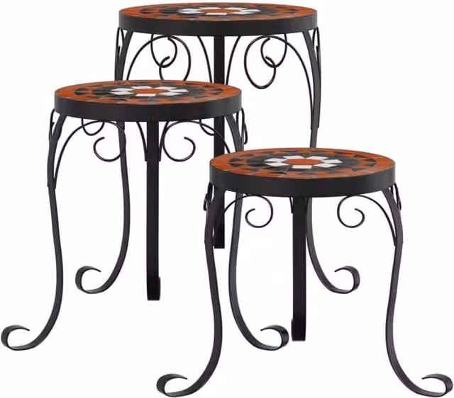 Berkfield Home Set of 3 Mediterranean Style Ceramic and Metal Plant Stands in Orange and White – 1