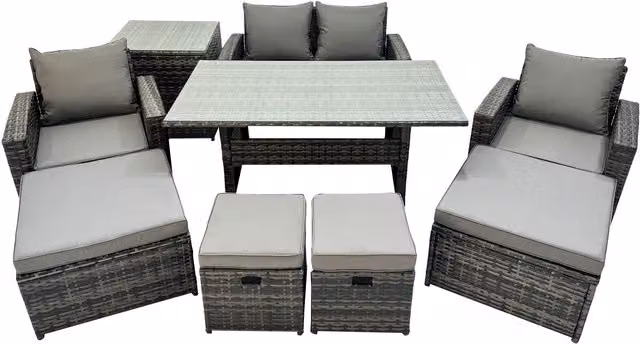 Fimous 8-Seater PE Rattan Outdoor Dining Set in Dark Grey with Glass Top