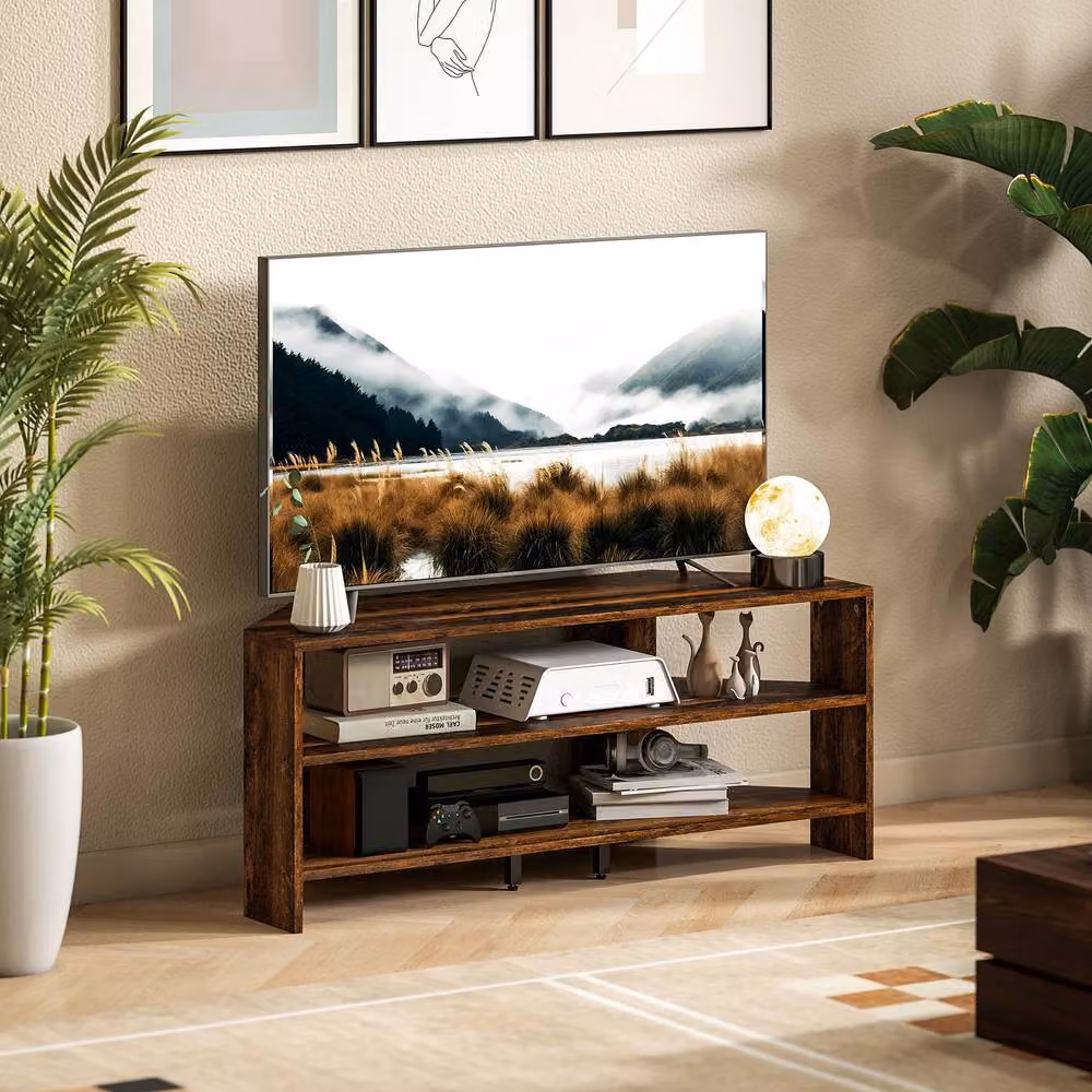 STILVORA Modern Corner TV Stand in Dark Brown with 2 Open Shelves for 47 Inch TVs – 7