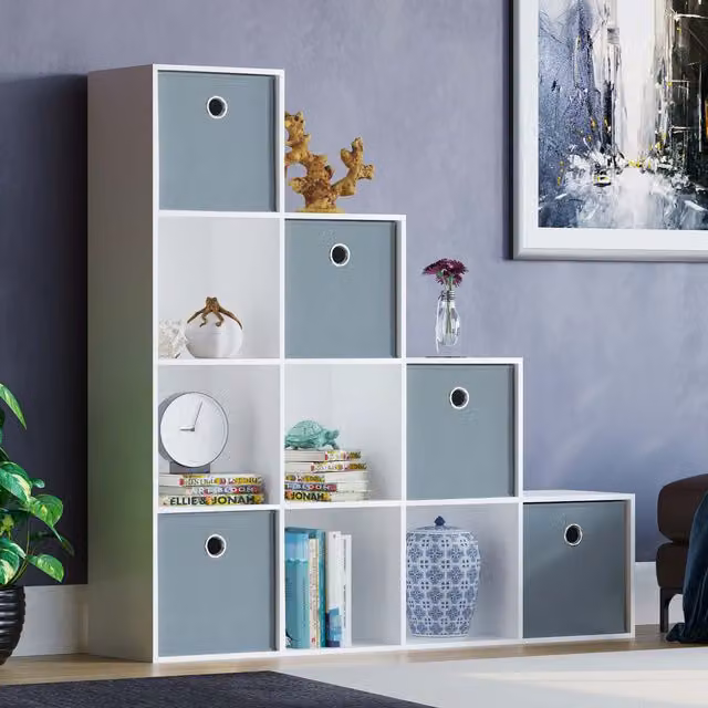 Lassic Durham 10 Cube Staircase Storage Unit in White with 5 Grey Baskets