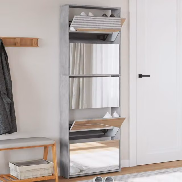 Berkfield Home Modern Shoe Cabinet with Mirror in Grey, W: 63 cm, D: 17 cm, H: 169.5 cm – 1