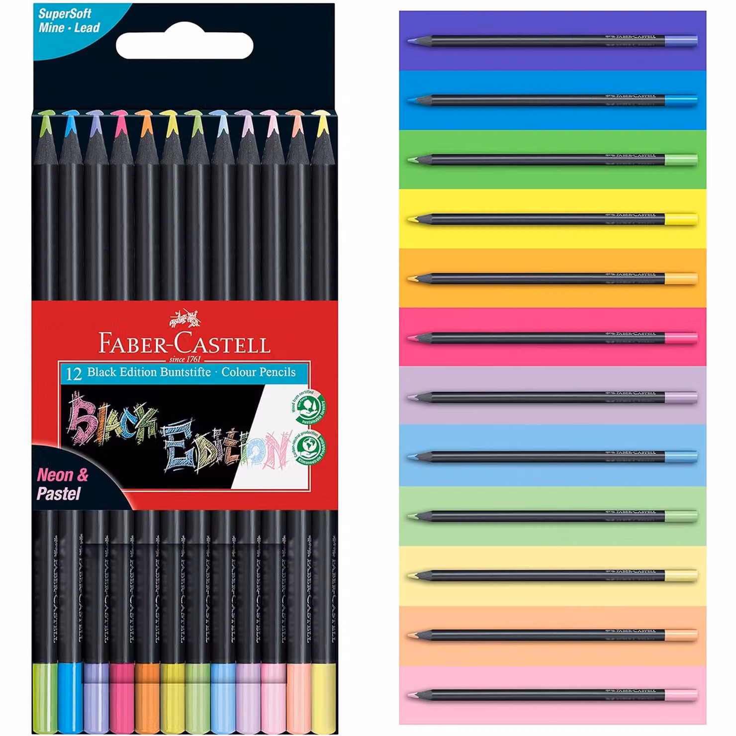 Faber-Castell Black Edition Neon Pastel Colouring Pencils, Pack of 12 Multicolour Wood Pencils – 2