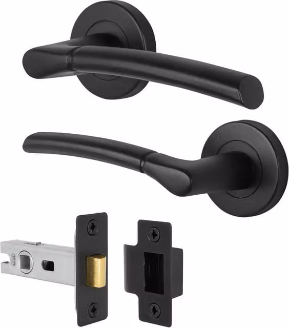 AFIT Matt Black Round Rose Door Handle with Internal Lever Latch, 1 Pair, W/D/H: 15.0 x 6.0 x 15.0 cm