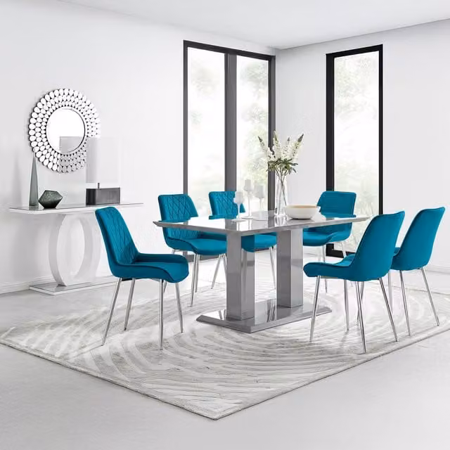 FurnitureboxUK Imperia Grey Rectangular Glass Dining Table and 6 Pesaro Blue Chairs with Silver Legs