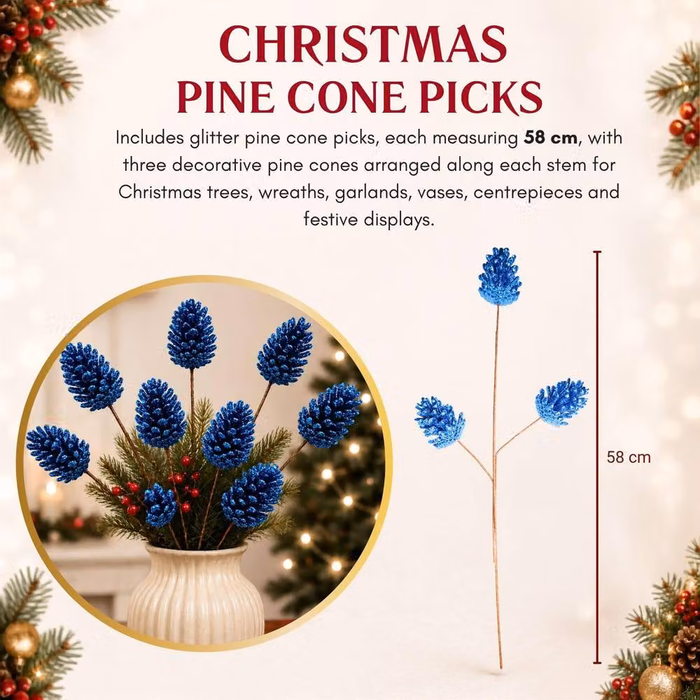 Shatchi Glitter Dark Blue Pine Cone Christmas Picks, 12 Pack, Height: 58 cm – 4
