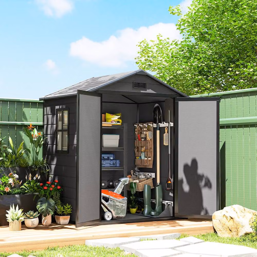 OUTSUNNY Plastic Garden Shed with Lockable Double Doors, Dark Grey, W: 182.88 cm, D: 134.0 cm, H: 210.0 cm – 2