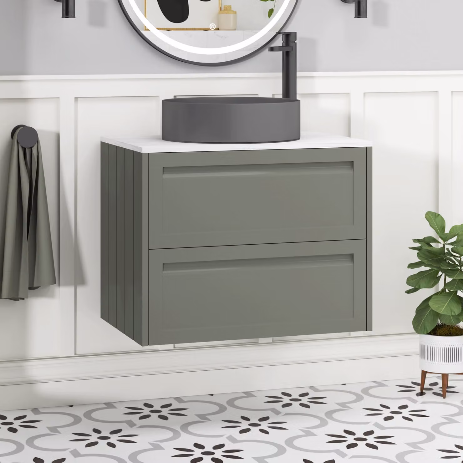 Royal Bathrooms Elmore Wall Hung Vanity Unit with 2 Drawers and Art Round Basin in Matt Green