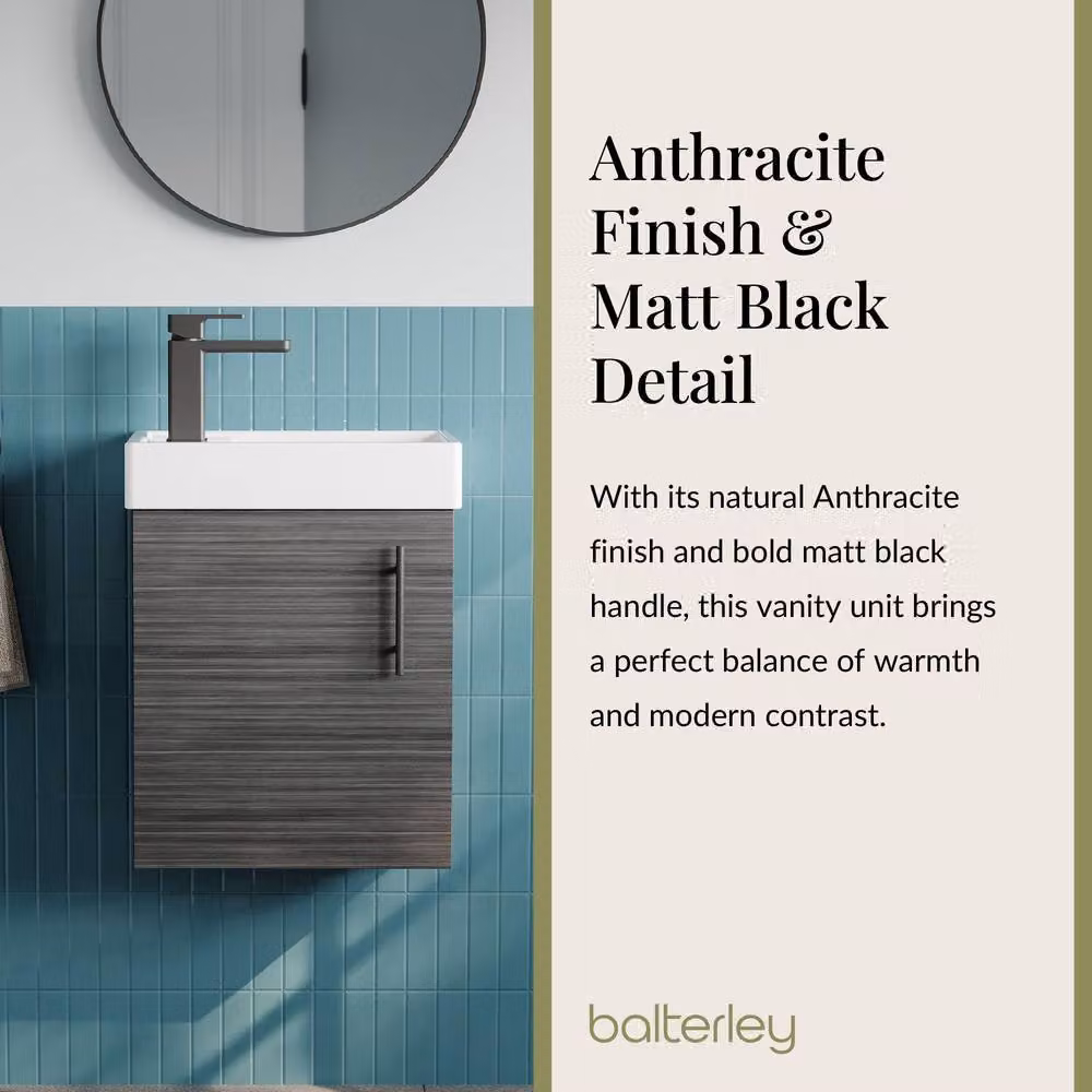 Balterley Wall Mounted Vanity Basin in Grey with Anthracite and Matt Black Handle, Width: 40 cm – 4