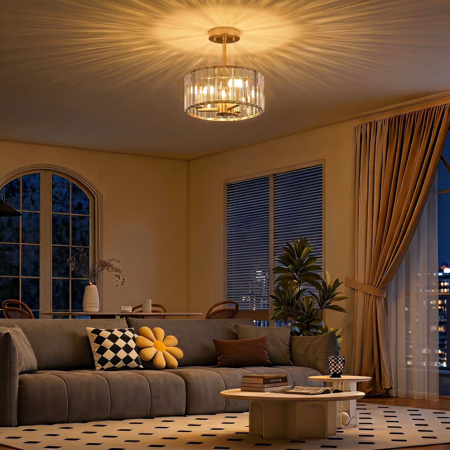 HOMCOM Modern Crystal Semi Flush Mount Ceiling Light in Gold – 2