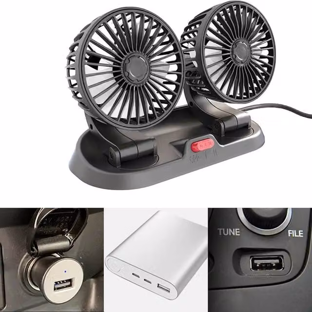 NESTLUNE Dual Head USB Powered Dashboard Car Fan in Black