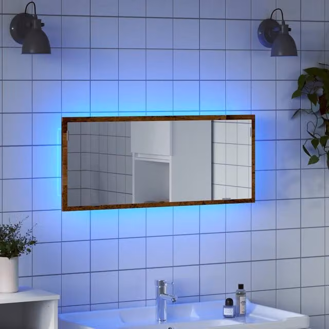 Berkfield Home LED Bathroom Mirror in Brown Old Wood, W: 100 cm, H: 37 cm, D: 8.5 cm