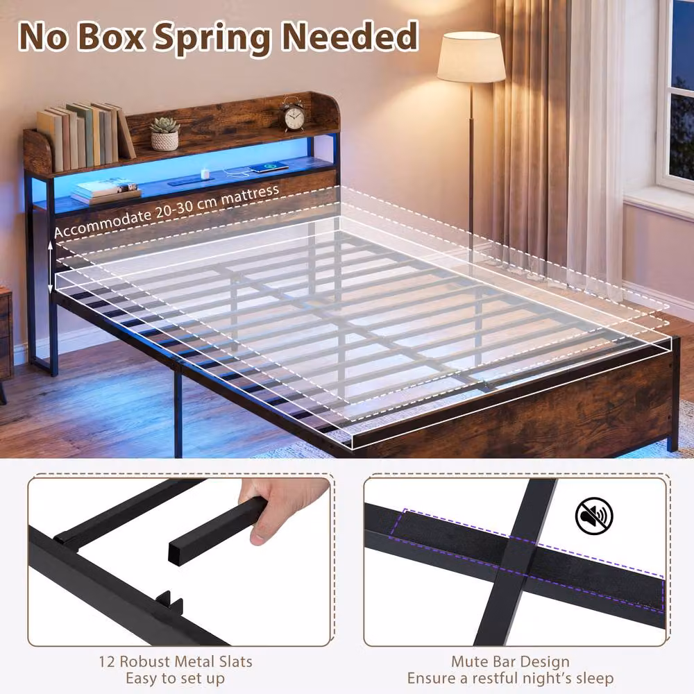 Gymax King Size Platform Bed Frame in Brown with LED Lights, USB Charging Ports and Storage Headboard – 5