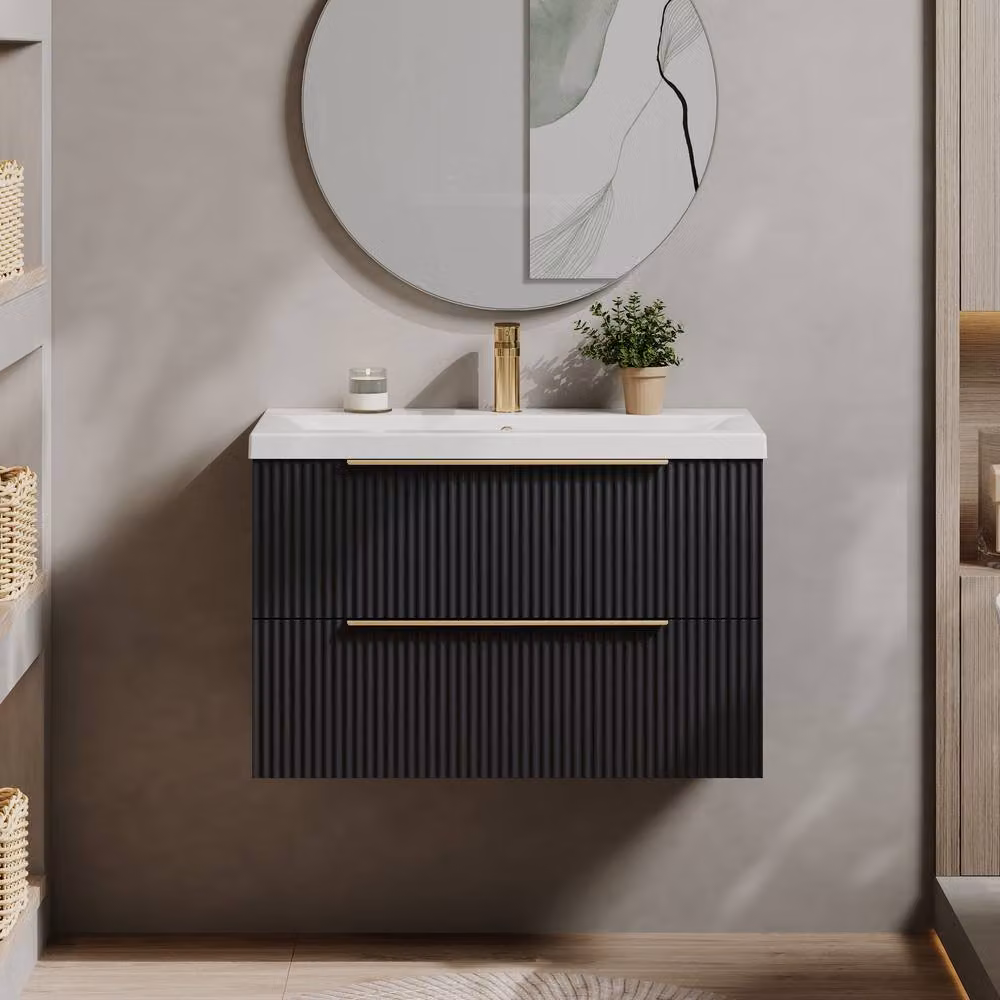 Balterley Fluted Front Wall Hung 2 Drawer Vanity Basin Unit, Dark Grey, W: 80 cm – 2