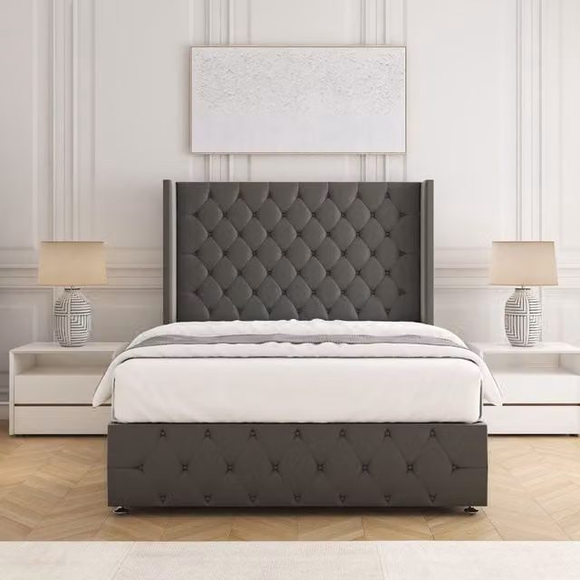 BSSPOKE Ruby Divan Bed Set with 54 inch Headboard and Mattress in Grey Plush Velvet, Super King, W/D/H: 180 x 200 cm