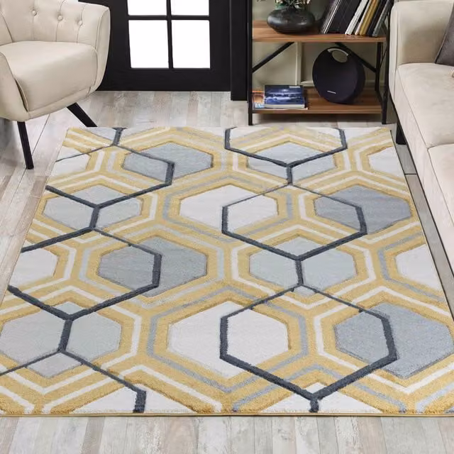 Desire Rugs Valencia Modern Geometric Carved Area Rug in Gold and Yellow, W/D/H: 120 x 170 cm
