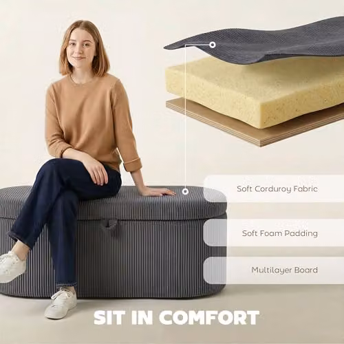 HOMCOM Corduroy Upholstered Storage Ottoman in Grey, W: 105 cm, D: 51 cm, H: 49 cm – 4