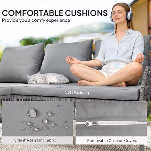 Outsunny 3 Piece Rattan Garden Furniture Set with Cushions, Grey – 5