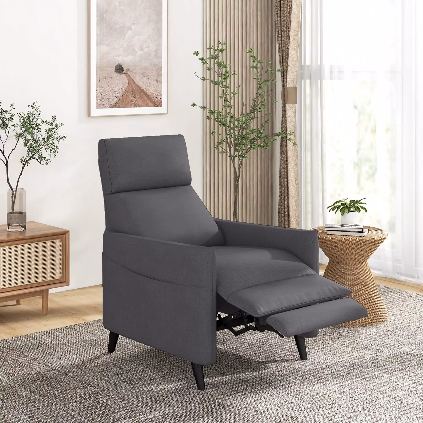 Gymax Grey Linen Fabric Recliner Push Back Armchair with Metal Frame – 5