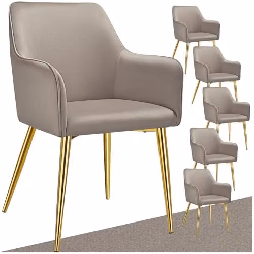 tectake Set of 6 Avane Dining Chairs with Velvet-Look Fabric and Armrests in Taupe