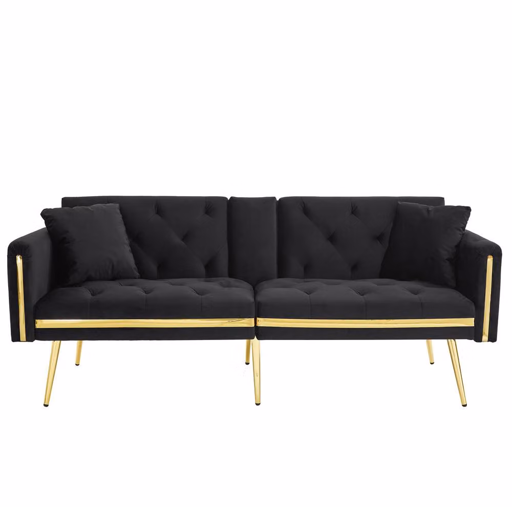 STILVORA 2-Seater Velvet Sofa Bed in Black with Adjustable Headrest and Cup Holders – 3