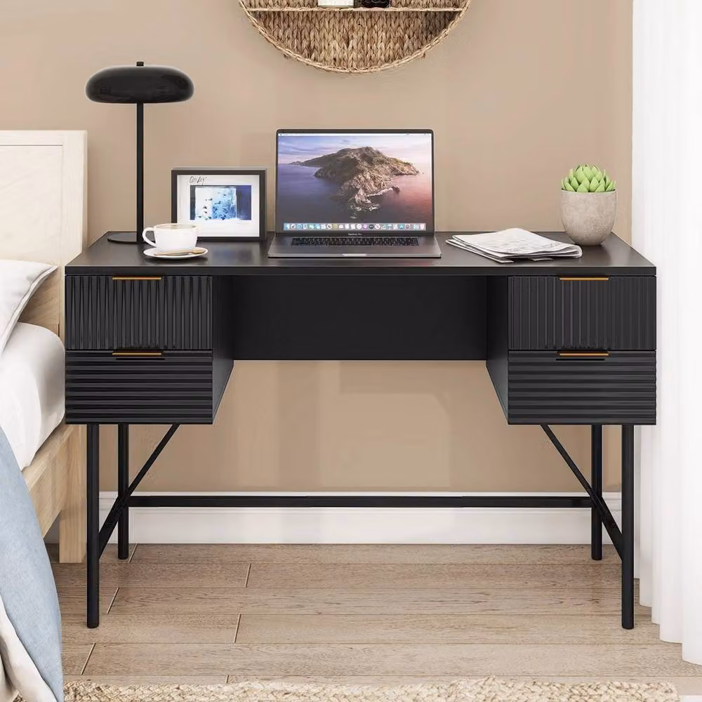 VOGREX Black Modern Metal Home Office Computer Desk with Dual Pedestal Storage, Width: 120 cm – 3